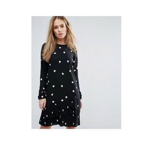 Warehouse Size 2 Dotty Spot Polka Dot Pleated Trim Hem Shift Dress Long Sleeve